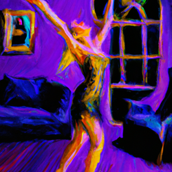 Create a painting of a woman dancing in her darken living room. The woman should be blonde with a bright, happy expression. Use an oil and colored pencil art style to capture the beauty of the scene.