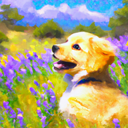 Create a painting of a cute puppy outside in a field of wildflowers. The puppy should be a golden retriever with a big, fluffy tail and a bright, happy expression. The background should be a bright, sunny day with a light breeze blowing through the wildflowers. Use a watercolor art style to capture the beauty of the scene.