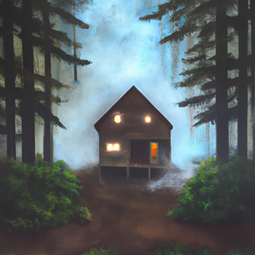 Create a foggy, surreal landscape painting of a cozy cabin in the Oregon woods. Use a mix of watercolor and oil paints to capture the misty atmosphere.