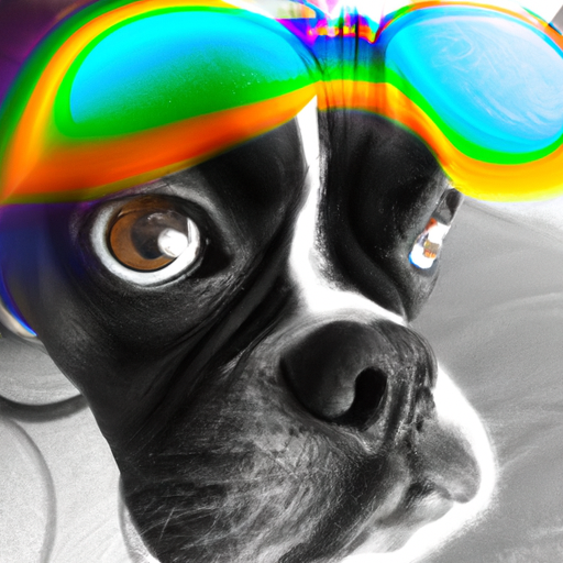 Hipster boxer dog, psychedelic, wide eyes, staring out at space, futuristic, high angle, defined eyes

