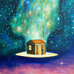 A house floating in the vastness of space, illuminated by stars and galaxies. A surreal, dreamlike painting in the style of surrealism. #surrealism