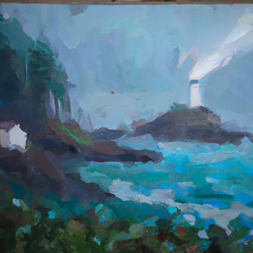 Create a foggy, moody painting of the Oregon coast on a rainy day. Use a mix of blues, greys, and greens to capture the misty atmosphere. Include a rocky shoreline, a few trees, and a lighthouse in the background. Make sure to include a few raindrops in the painting to emphasize the wet weather. Art style: Impressionism.