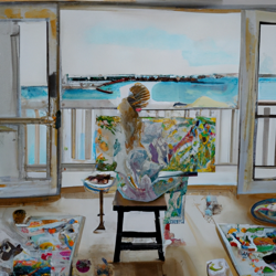 watercolor painting, top floor of house, blonde woman sitting on a stool, painting on a large canvas. She is surrounded by paints and brushes. Big french double doors open up to a deck overlooking the ocean. The mood is light and airy, watercolor painting