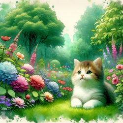 Create a painting of a cute cat outside in a garden. The cat should be sitting in a patch of grass, surrounded by colorful flowers and lush green trees. The painting should be in a watercolor style, with soft pastel colors and a dreamy atmosphere.