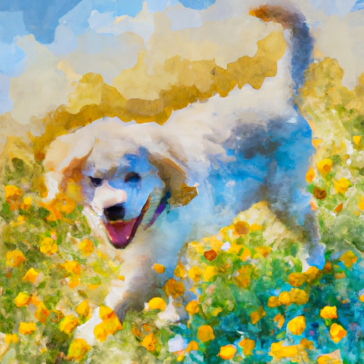 Create a painting of a cute puppy outside in a field of wildflowers. The puppy should be a golden retriever with a big, fluffy tail and a bright, happy expression. The background should be a bright, sunny day with a light breeze blowing through the wildflowers. Use a watercolor art style to capture the beauty of the scene.