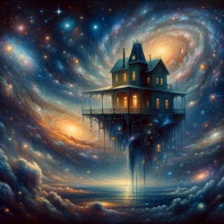 A house floating in the vastness of space, illuminated by stars and galaxies. A surreal, dreamlike painting in the style of surrealism. #surrealism