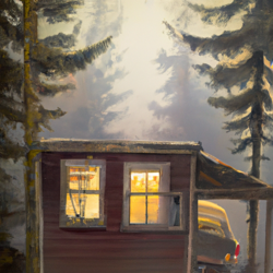 Create a foggy, surreal landscape painting of a cozy cabin in the Oregon woods. Use a mix of watercolor and oil paints to capture the misty atmosphere. van high style 