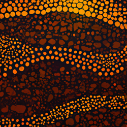 landscape, aboriginal (dot painting), warm colors, earth tones, 4k resolution, ultra hd, backlighting, mysterious, thought-provoking, abstract, panoramic