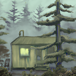 Create a foggy, surreal landscape painting of a cozy sage colored cabin in the Oregon woods. Use a mix of watercolor and oil paints to capture the misty atmosphere. van gogh style