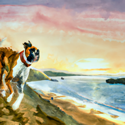 A boxer dog running along the Oregon coast, its fur blowing in the salty sea breeze. Its tongue lolling out of its mouth, its tail wagging in joy. A beautiful watercolor painting of the scene, with the sun setting in the background. #watercolor