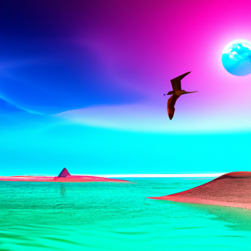 Tropical bird flying over beach on alien planet