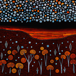 Create a 4K resolution, ultra HD, panoramic landscape painting in the style of Aboriginal dot painting, with warm colors and earth tones. The painting should be mysterious and thought-provoking, with abstract backlighting to make it even more captivating.