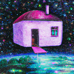 A house floating in the vastness of space, illuminated by stars and galaxies. A surreal, dreamlike painting in the style of surrealism. #surrealism