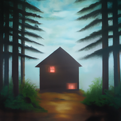 Create a foggy, surreal landscape painting of a cozy cabin in the Oregon woods. Use a mix of watercolor and oil paints to capture the misty atmosphere.