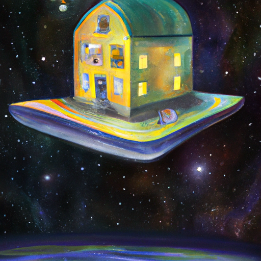 A house floating in the vastness of space, illuminated by stars and galaxies. A surreal, dreamlike painting in the style of surrealism. #surrealism