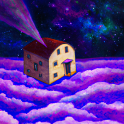 A house floating in the vastness of space, illuminated by stars and galaxies. A surreal, dreamlike painting in the style of surrealism. 