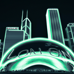 retro future neon city based on chicago loop including the bean also known as cloud gate with clean lines