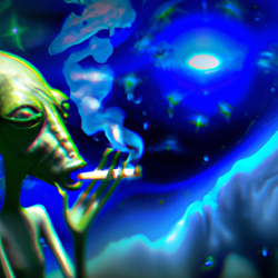 Create an image of an alien smoking a joint in a surrealist style. The alien should have a peaceful expression and be surrounded by a dream-like atmosphere.