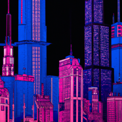 retro future city based on chicago downtown neon cyberpunk with detailed buildings including sears tower also known as willis tower