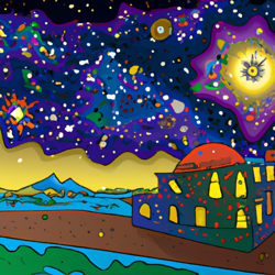 house underneath the stars, vibrant colors, 8k resolution, anti-aliasing, high dynamic range (hdr), ultra hd, vector graphics, whimsical, serene, panoramic, landscapes, Salvador dalí, persian (islamic art)