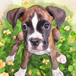 Create a watercolor painting of a cute boxer puppy playing in a field of wild flowers. Cute floppy ears and brindle fur. Big, wide eyes looking up at you. High angle, high def 