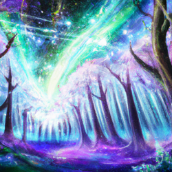 Construct an awe-inspiring panorama of a lush, vibrant forest bathed in moonlight with the silhouette of diverse foliage and the intricate web of branches framing the composition. Centerstage, craft the mesmerizing might of the night sky, shimmering with a multitude of stars, and the sublime spectacle of the Milky Way galaxy swirling in a cosmic dance. Render this in an impressionistic art style.