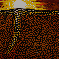 landscape, aboriginal (dot painting), warm colors, earth tones, 4k resolution, ultra hd, backlighting, mysterious, thought-provoking