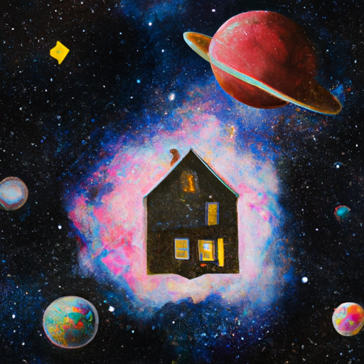 Create a surreal painting of a house floating in space, illuminated by stars and galaxies. #surrealism