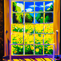 See a painting of a sunlit room with a window looking out onto a garden of vibrant flowers. The colors of the flowers are bright and cheerful, and the light from the sun is streaming in through the window. Art style: Impressionism.