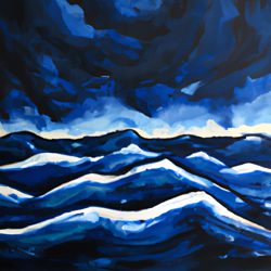 Create a painting of a wild, stormy sea with choppy waves and a dark sky. Use Expressionism to capture the chaotic energy of the scene. #DALLE