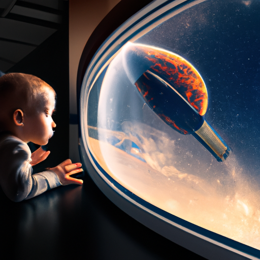 in the style of Erik Johansson, Futuristic spaceship flying away from earth, planets and stars amongst dark background. little kid pressing nose against glass, he is looking out of window with awe, staring longingly into space. defined, detailed, bright color.