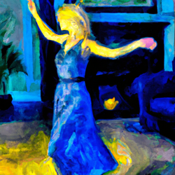 Create a painting of a woman dancing in her darkened living room. The woman should be blonde with a bright, happy expression. Use crayon art style with a touch of Monet to capture the beauty of the scene.