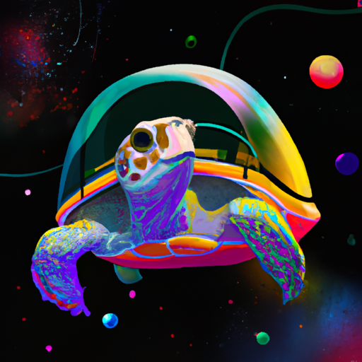 Hipster turtle swimming through space, lots of stars and planets, digital art 