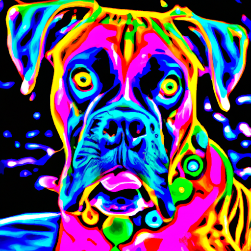 Create a high-definition, psychedelic portrait of a boxer dog using neon colors. Make it look like a vibrant, colorful painting that could be hung in a modern art gallery.