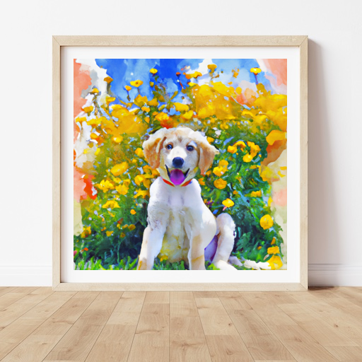 Create a painting of a cute puppy outside in a field of wildflowers. The puppy should be a golden retriever with a big, fluffy tail and a bright, happy expression. The background should be a bright, sunny day with a light breeze blowing through the wildflowers. Use a watercolor art style to capture the beauty of the scene.