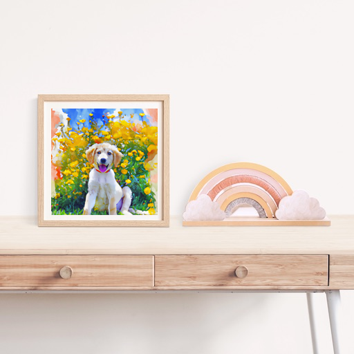 Create a painting of a cute puppy outside in a field of wildflowers. The puppy should be a golden retriever with a big, fluffy tail and a bright, happy expression. The background should be a bright, sunny day with a light breeze blowing through the wildflowers. Use a watercolor art style to capture the beauty of the scene.