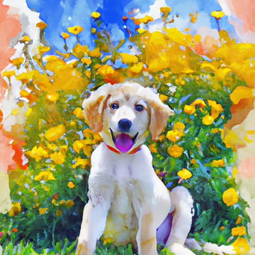 Create a painting of a cute puppy outside in a field of wildflowers. The puppy should be a golden retriever with a big, fluffy tail and a bright, happy expression. The background should be a bright, sunny day with a light breeze blowing through the wildflowers. Use a watercolor art style to capture the beauty of the scene.