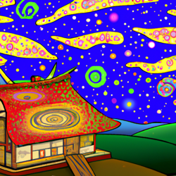 Create a Japanese Ukiyo-e style 8K resolution, anti-aliased, high dynamic range (HDR) and ultra HD vector graphic of a whimsical, serene, and panoramic landscape with a house underneath the stars, inspired by the art of Katsushika Hokusai, with vibrant colors.