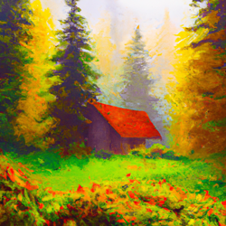 Envision a solitary rustic cabin nestled in the heart of an enchanting Oregon forest. The cabin is shrouded by an ethereal blanket of fog that's gently kissed by the morning sun. It's an autumn daybreak, the leaves are a canvas of vibrant oranges, deep reds, and golden yellows. Draw this scene in a captivating Impressionist style, highlighting the interplay between fog, light, and fall foliage.