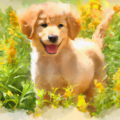 Create a painting of a cute puppy outside in a field of wildflowers. The puppy should be a golden retriever with a big, fluffy tail and a bright, happy expression. The background should be a bright, sunny day with a light breeze blowing through the wildflowers. Use a watercolor art style to capture the beauty of the scene.