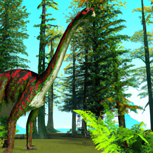 A giant dinosaur with bright green scales and a long neck stands in a lush, tropical jungle. Its long tail sways in the wind, and its eyes gaze out into the distance.