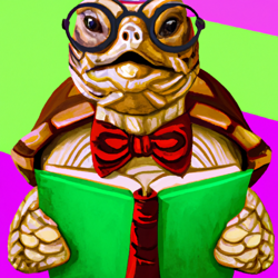 Create a painting of a nerdy turtle wearing glasses and a bowtie, with a book in its hands. Art type: Pop Art. Create a Pop Art painting of a nerdy turtle wearing glasses, a bowtie, and holding a book. Its expression should be one of intelligence and curiosity.