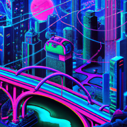 retro future neon city with detailed surroundings based on chicago downtown