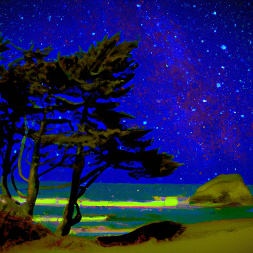 oregon coast, beach, trees, ocean, rocks, night scene, stars, style of van goh