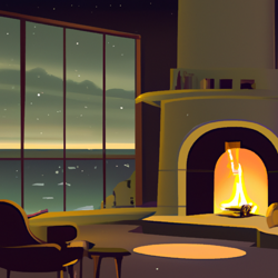 Cozy fireplace in front of large ceiling to floor windows, in a big house on a cliff overlooking the ocean. Evening time, cozy feeling, digital art