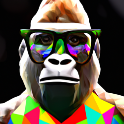 Craft a fascinating Cubist-style portrait of an exceptionally cool gorilla embodying traits of hipster culture. The gorilla dons a vibrantly-colored striped shirt and wears thick pitch-black frame glasses. Capture both its beastly prowess and its urbane sophistication.