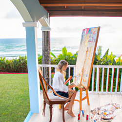  Create a light and airy portrait of a blonde woman sitting in a big chair, painting on a large canvas. She is surrounded by paintbrushes and paints. In the top floor of a house with big french double doors opening to a deck overlooking the ocean. The mood is light and airy, with pastel colors.