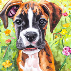 Create a watercolor painting of a cute boxer puppy playing in a field of wild flowers. Cute floppy ears and brindle. 