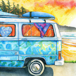 Watercolor masterpiece of an antiquated, vibrant VW van on a tranquil voyage along the awe-inspiring landscapes of the Oregon Coast Highway 101. The vintage van is illustrated parked adjacent to a beach kissed by the wind. It has a blue awning opened, harmonizing the dynamic colors of the sundown. A lone surfboard leans against the van, whispering tales of a roving surfer life.