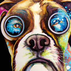 Hipster boxer dog, psychedelic, wide eyes, staring out at space, futuristic, high angle, defined eyes, watercolor painting

